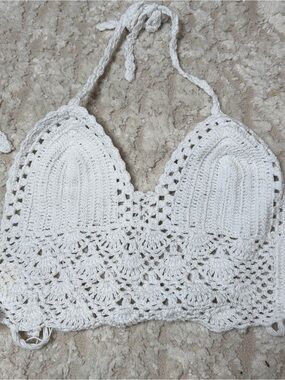 By The Sea White Crochet Fringe Halter Crop Top - Size L